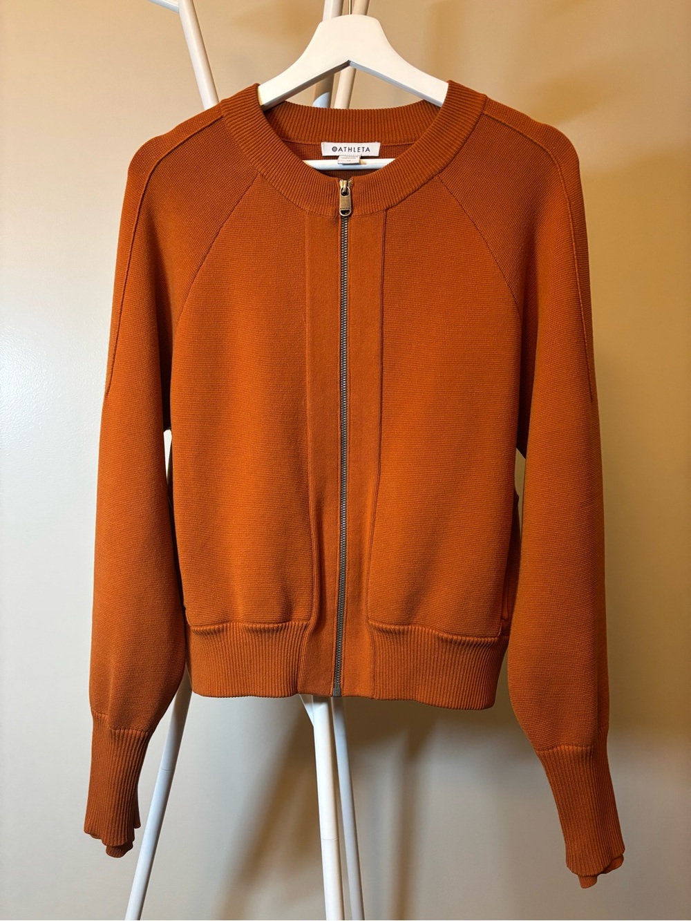 Athleta Sequoia Cardigan Sweater Full Zip Bomber Jacket Burnt Orange